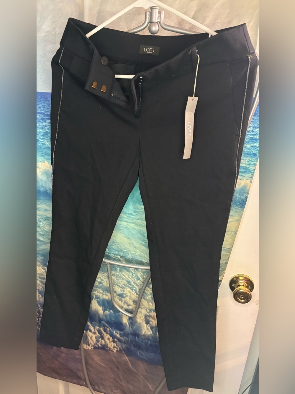 LOFT Petite Black Slim Ankle Pants with Silver Side Stitching
